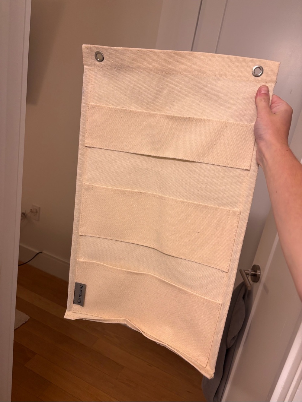 Caraway Fabric Canvas Pot Lid Holder Three‐Slot Wall Storage Organizer